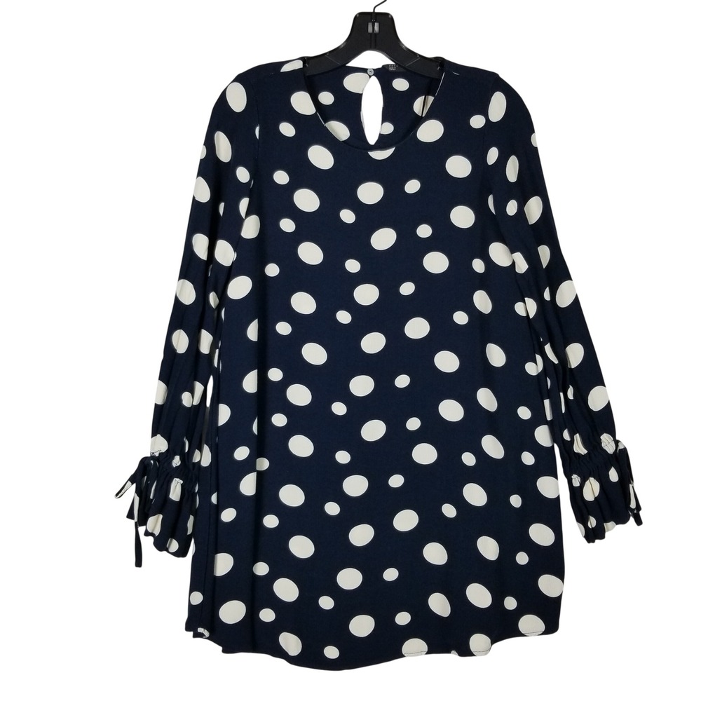 Zara Tunic Dress Womens Medium Navy Blue Polka Dot Ruffle Cuff Long Sleeve Shift